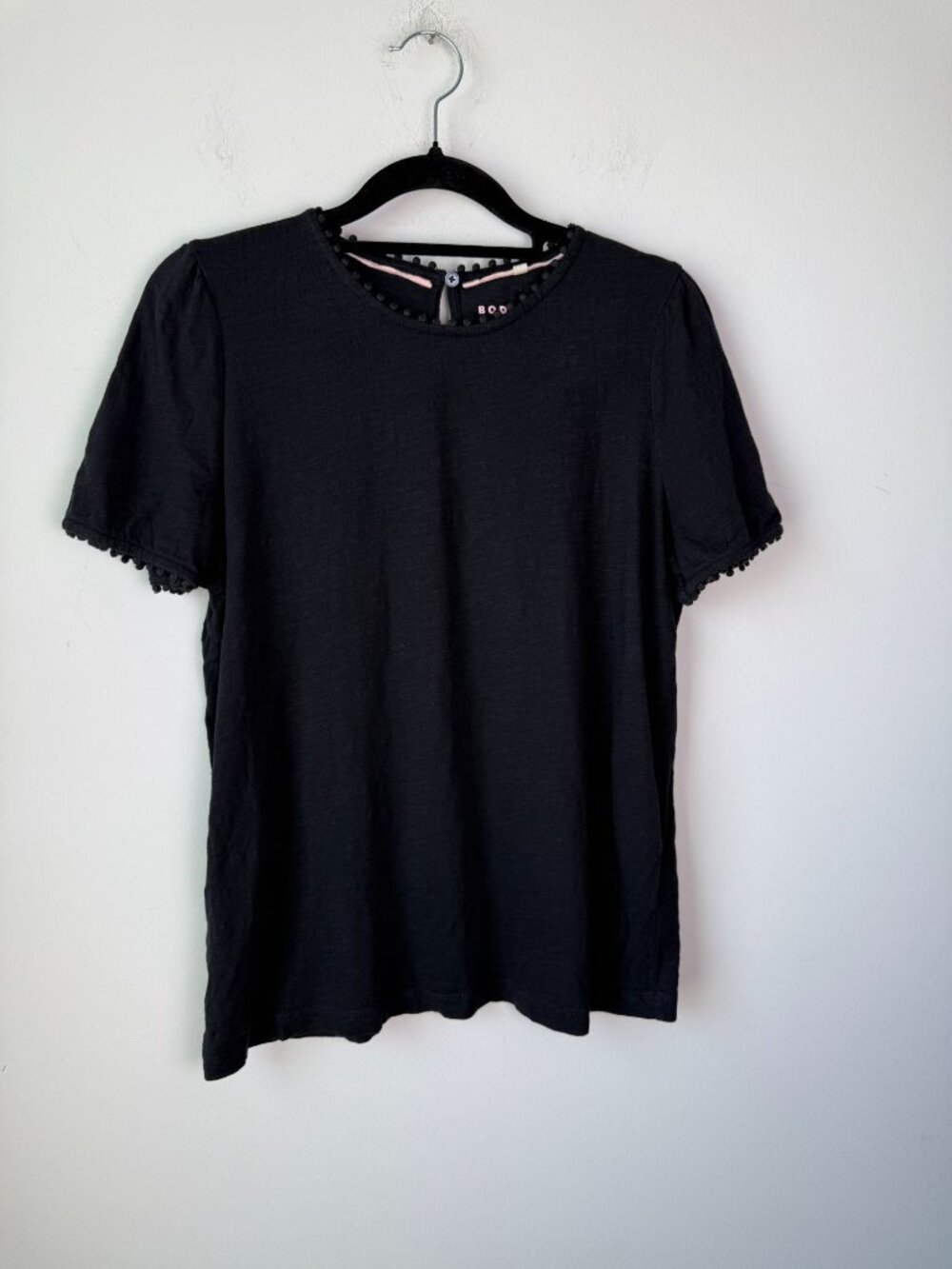 Boden Womens Pom Pom Trim T-Shirt Black Size 8 Boho Resort Summer Preppy